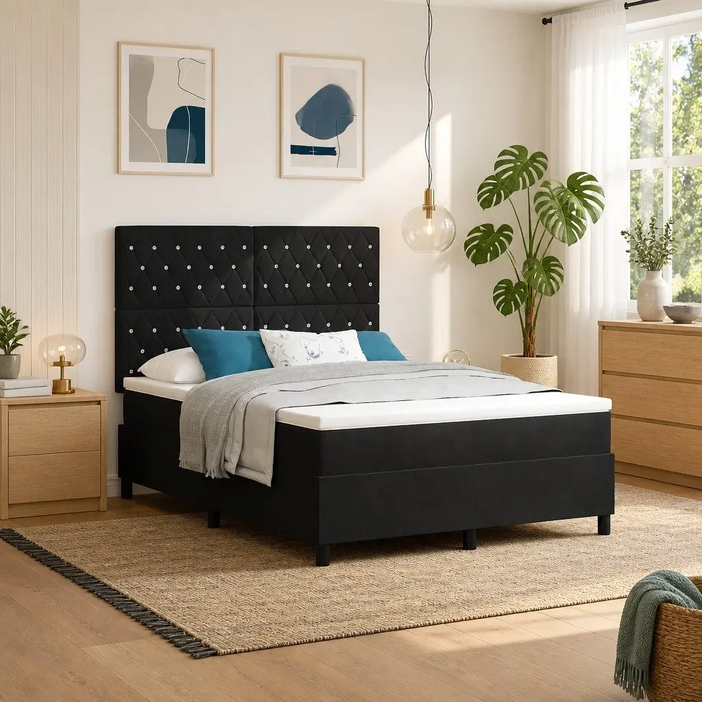 Box Spring Bed Medium Firm 152 x 203 cm Adjustable Headboard Black White