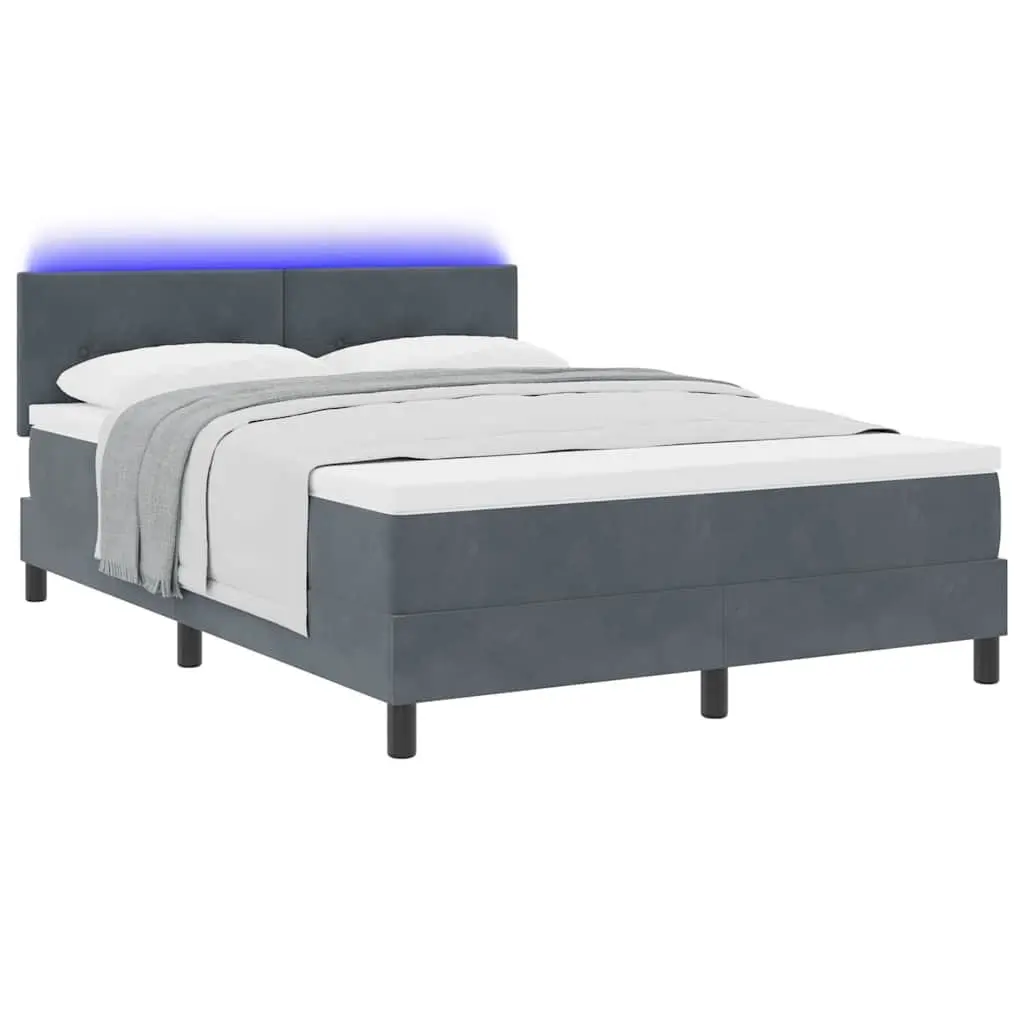 Box Spring Bed with Adjustable Headboard and LED Lights Dark Grey White Fabric 152x203cm Medium Firm Mattress
