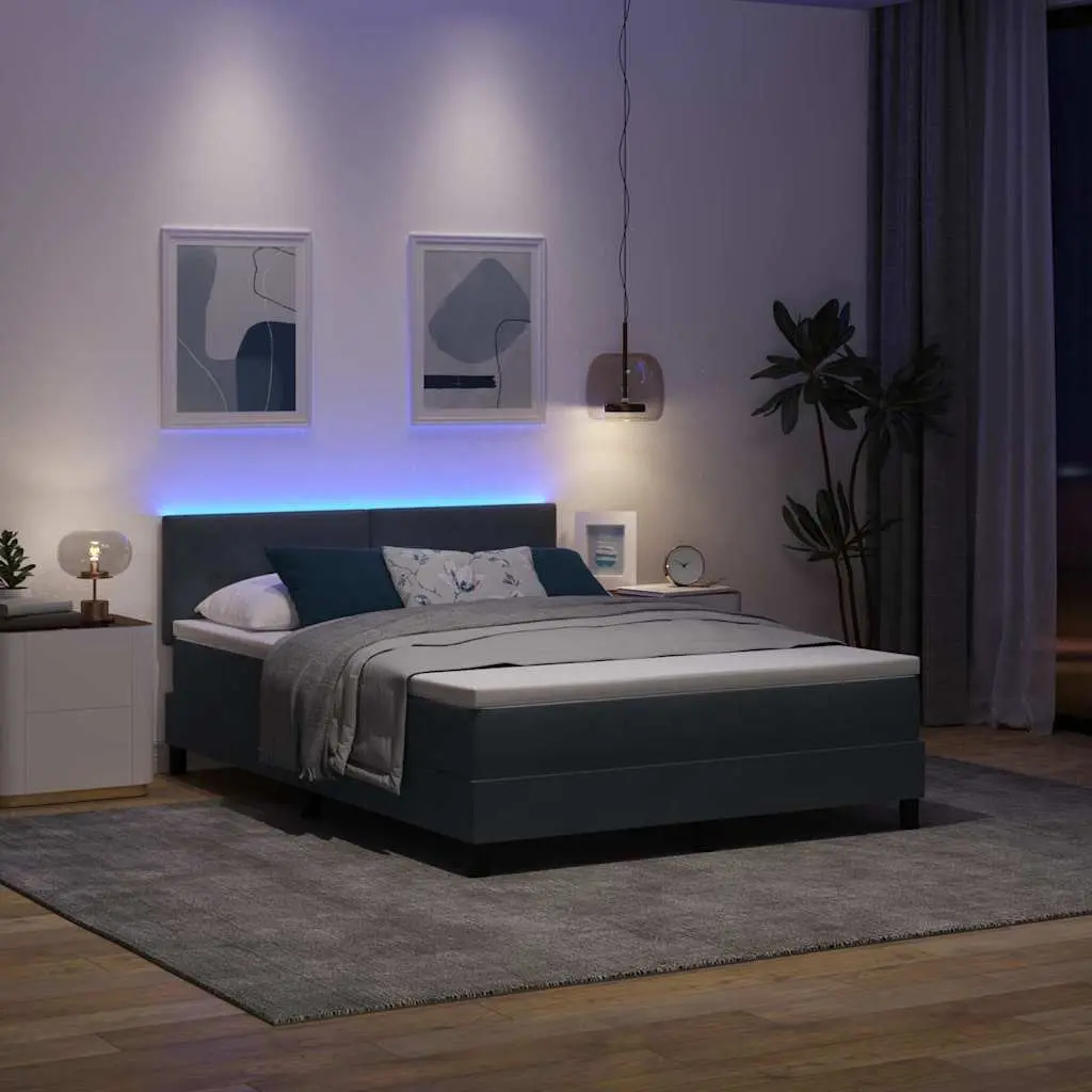 Box Spring Bed with Adjustable Headboard and LED Lights Dark Grey White Fabric 152x203cm Medium Firm Mattress