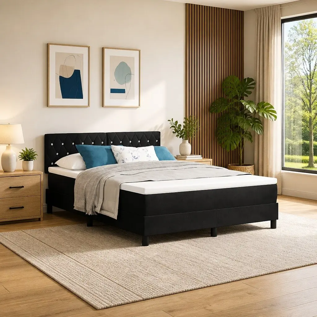 Box Spring Bed Velvet 152x203cm Black White Adjustable Headboard with LED Lights