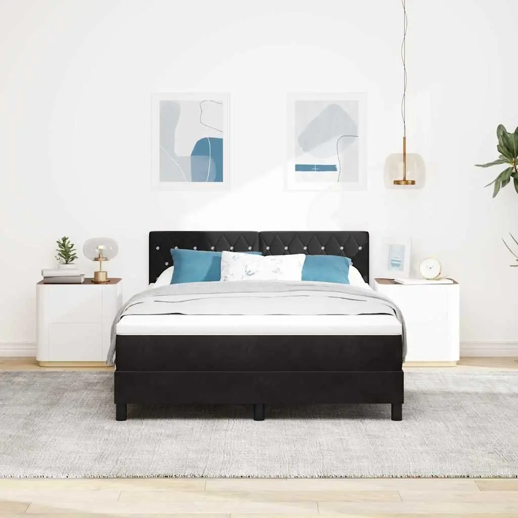 Box Spring Bed Velvet 152x203cm Black White Adjustable Headboard with LED Lights