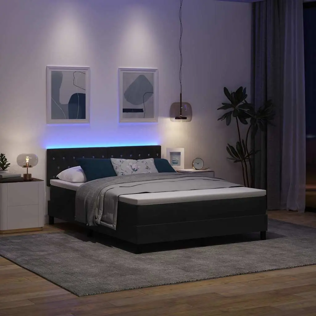 Box Spring Bed Velvet 152x203cm Black White Adjustable Headboard with LED Lights