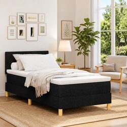 Box Spring Bed Black White 107 x 203 cm Velvet Adjustable Headboard LED Lights