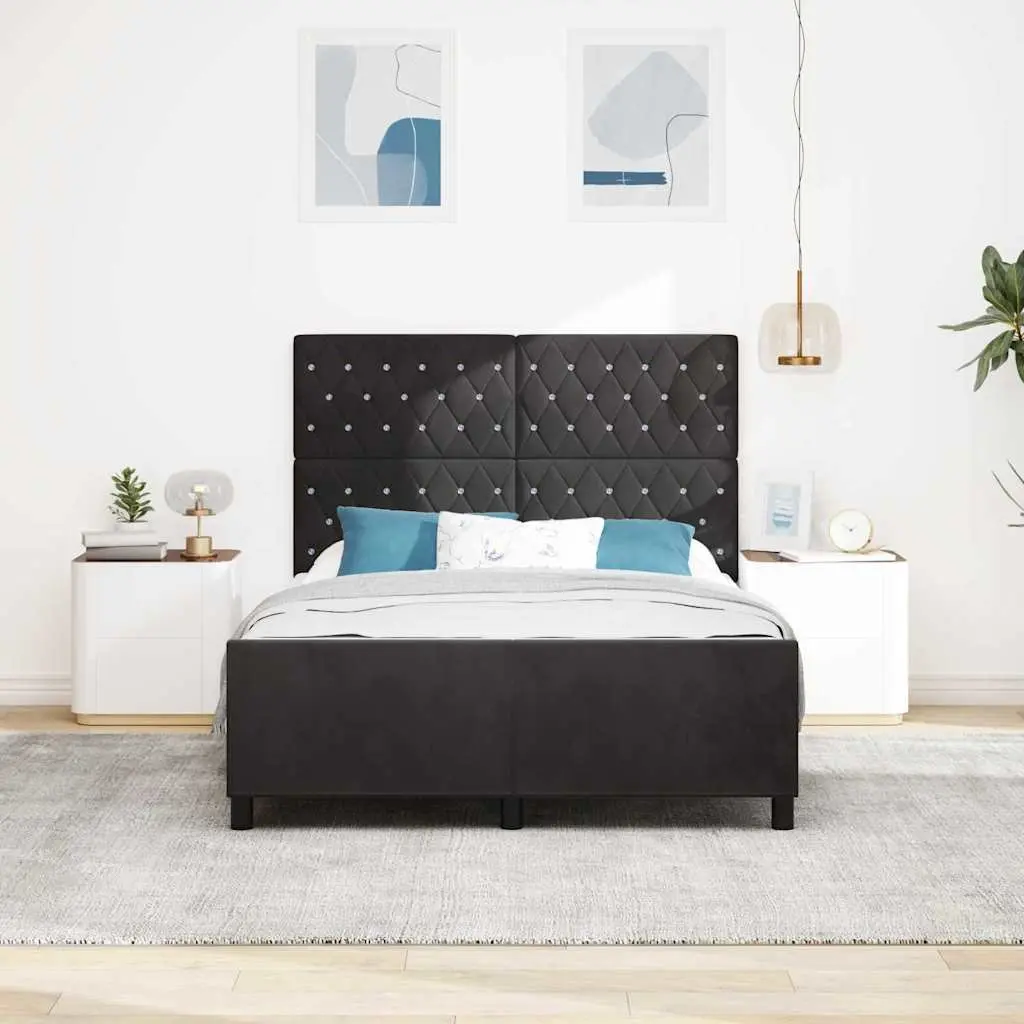 Bed Frame Velvet Upholstered Black 152 x 203 cm Modern Bedroom