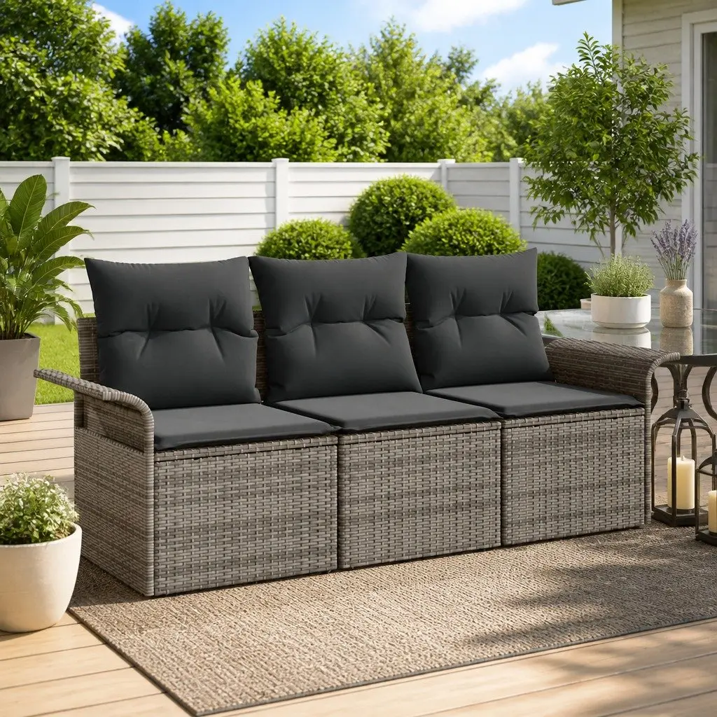 Outdoor Sofa Set Modular Poly Rattan 3 Pieces Grey Garden Furniture