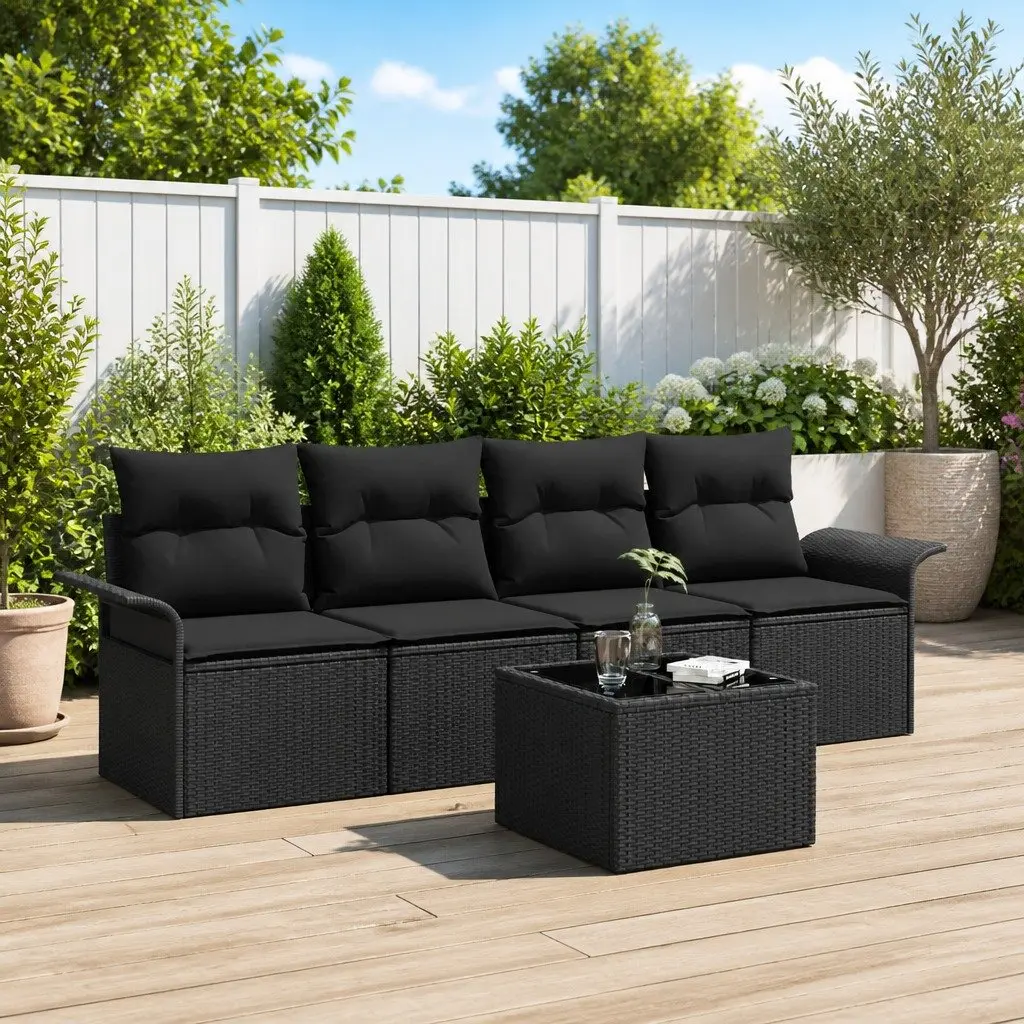 Outdoor Sofa Set Modular Poly Rattan 5 Piece Black with Cushions