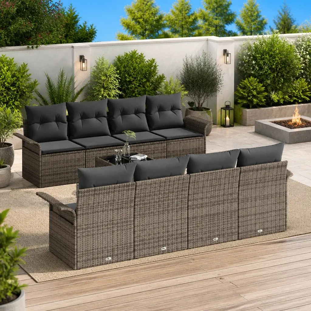 9 Piece Outdoor Garden Sofa Set Modular Poly Rattan Grey with Tempered Glass Table and Hidden Storage