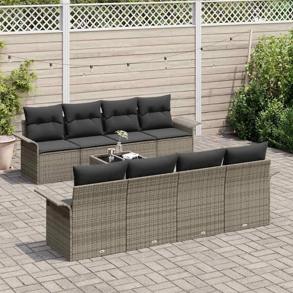 9 Piece Outdoor Garden Sofa Set Modular Poly Rattan Grey with Tempered Glass Table and Hidden Storage