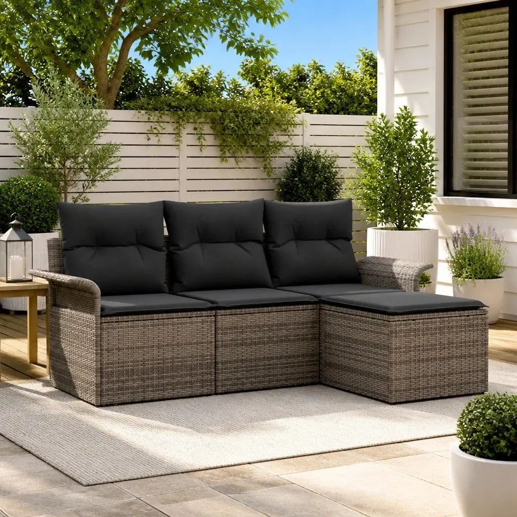 Outdoor Sofa Set Poly Rattan 4 Pieces Grey with Cushions