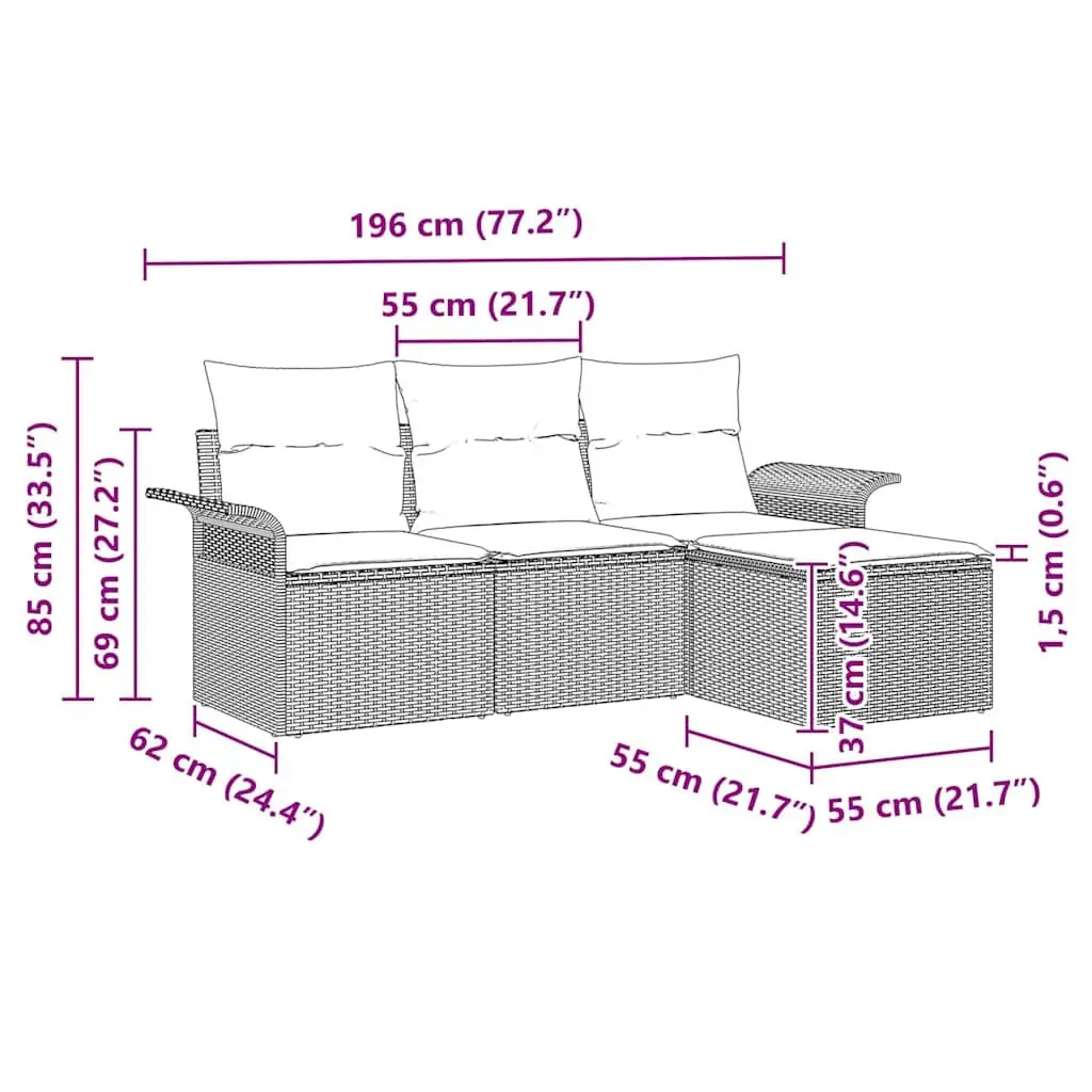 Outdoor Sofa Set Poly Rattan 4-Piece Black with Cushions