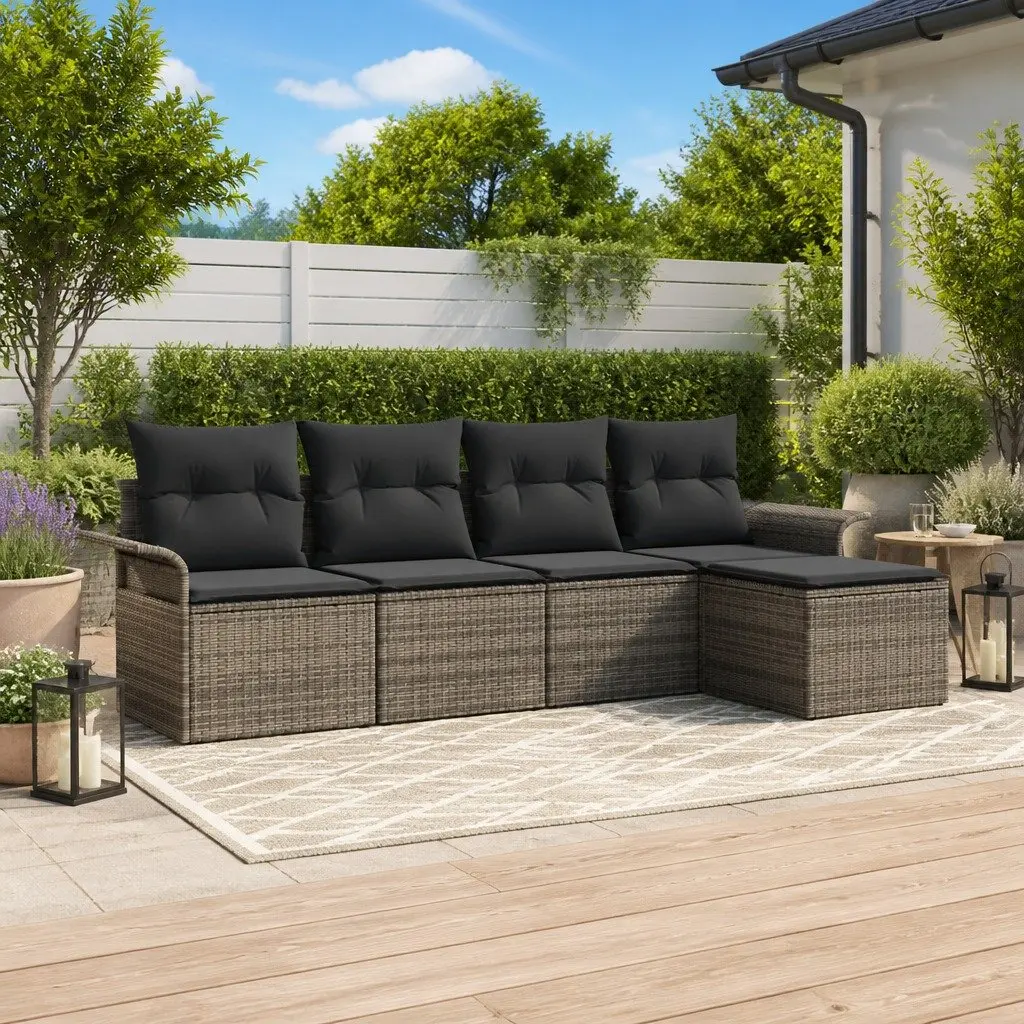 Outdoor Sofa Set Poly Rattan 5 Pieces Grey Garden Furniture with Cushions