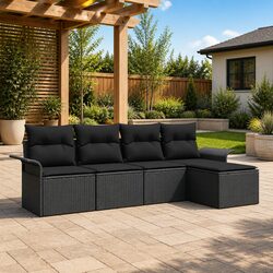 Outdoor Sofa Set 5 Piece Black Poly Rattan Garden Furniture with Cushions