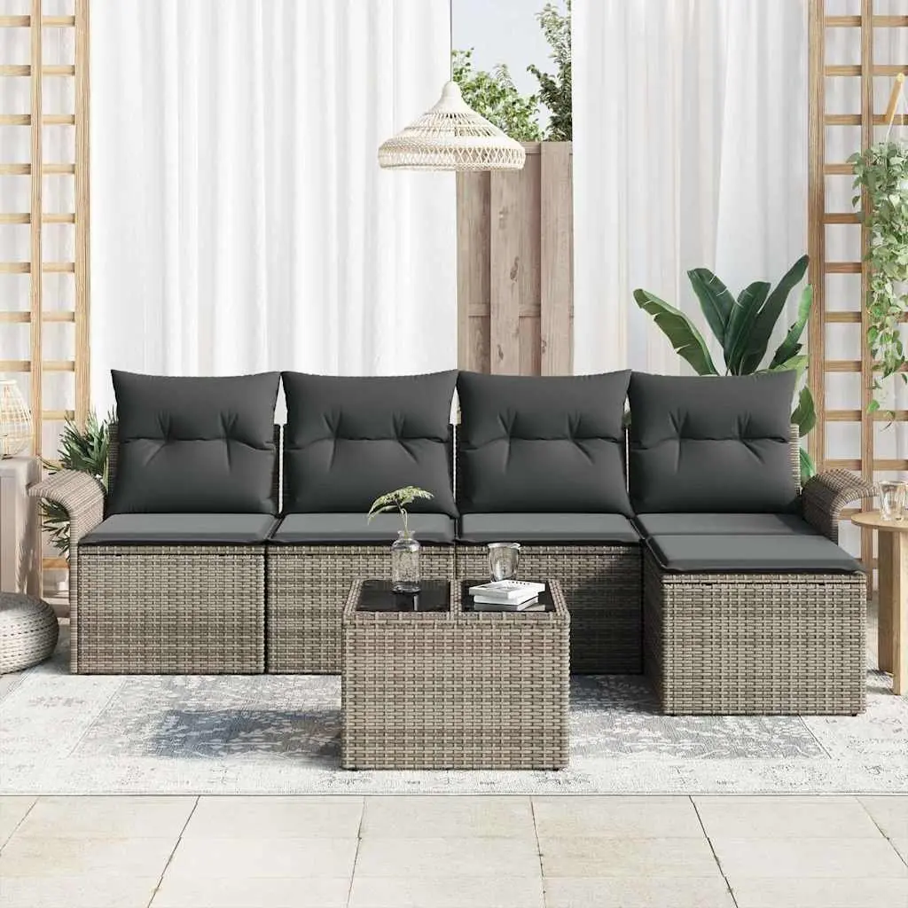 6 Piece Modular Outdoor Sofa Set Grey Poly Rattan Garden Furniture with Cushions