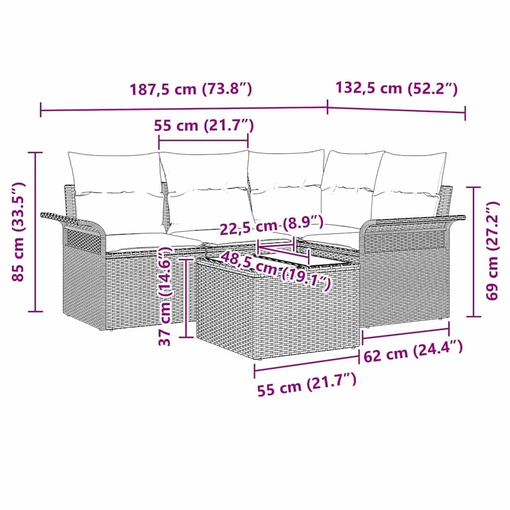 Garden Sofa Set Modular Poly Rattan 5 Piece Outdoor Furniture Grey
