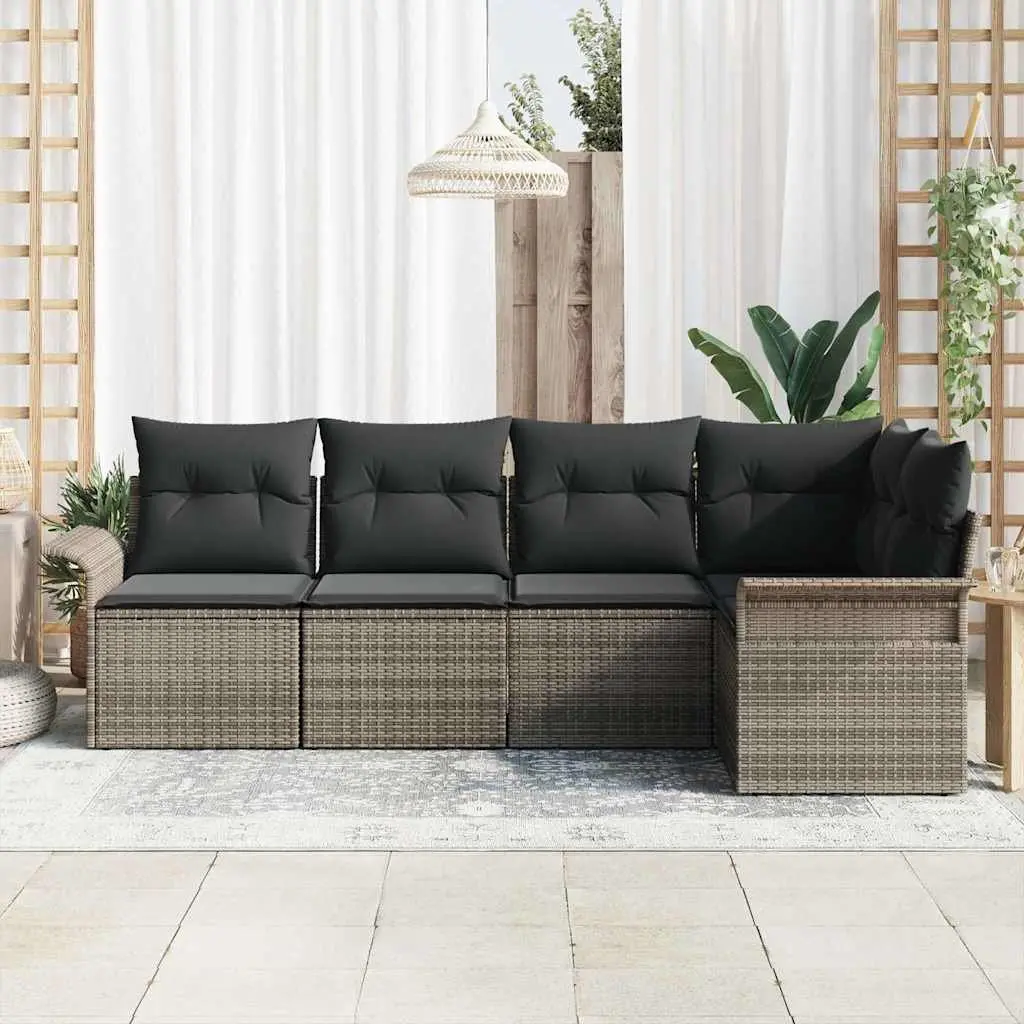 5 Piece Outdoor Lounge Furniture Set Grey Poly Rattan with Adjustable Table and Removable Cushions