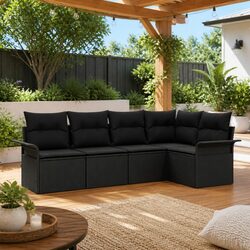Practical 5-Piece Black Poly Rattan Sofa Set for Any Outdoor Area