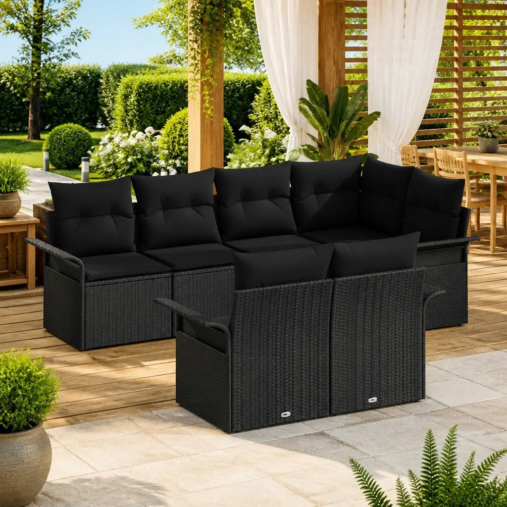 7 Piece Modular Outdoor Sofa Set Black Poly Rattan with Cushions Weather Resistant for Garden and Patio