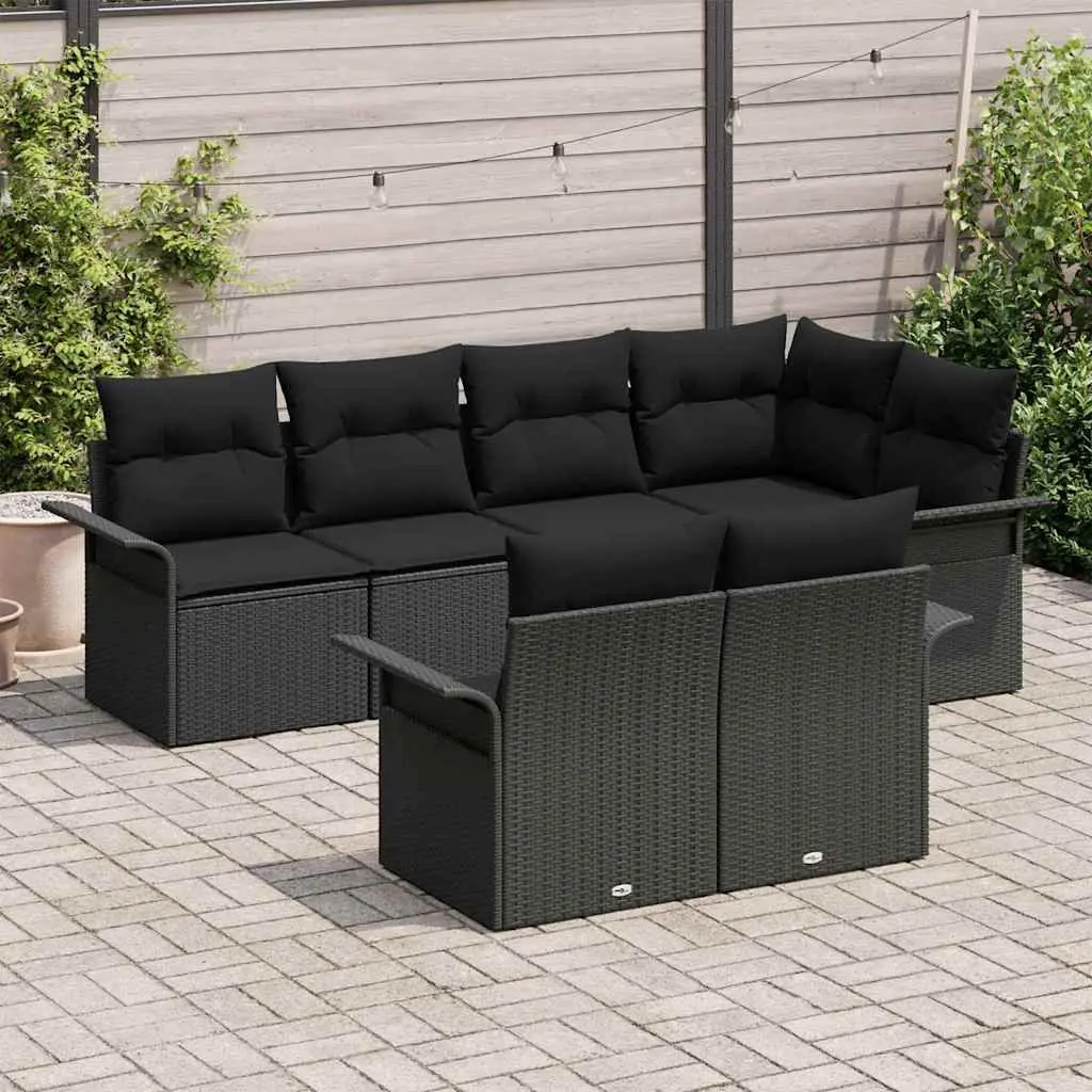 7 Piece Modular Outdoor Sofa Set Black Poly Rattan with Cushions Weather Resistant for Garden and Patio