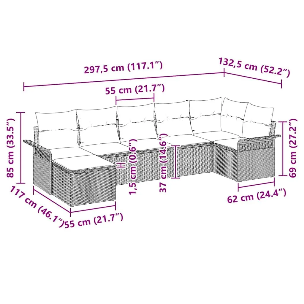 7 Piece Outdoor Furniture Set Grey Poly Rattan Garden Sofa with Cushions