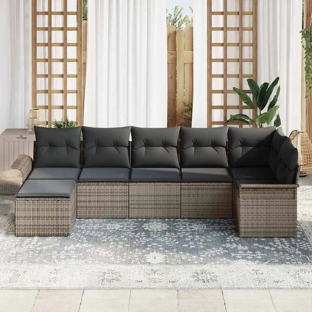 7 Piece Outdoor Furniture Set Grey Poly Rattan Garden Sofa with Cushions