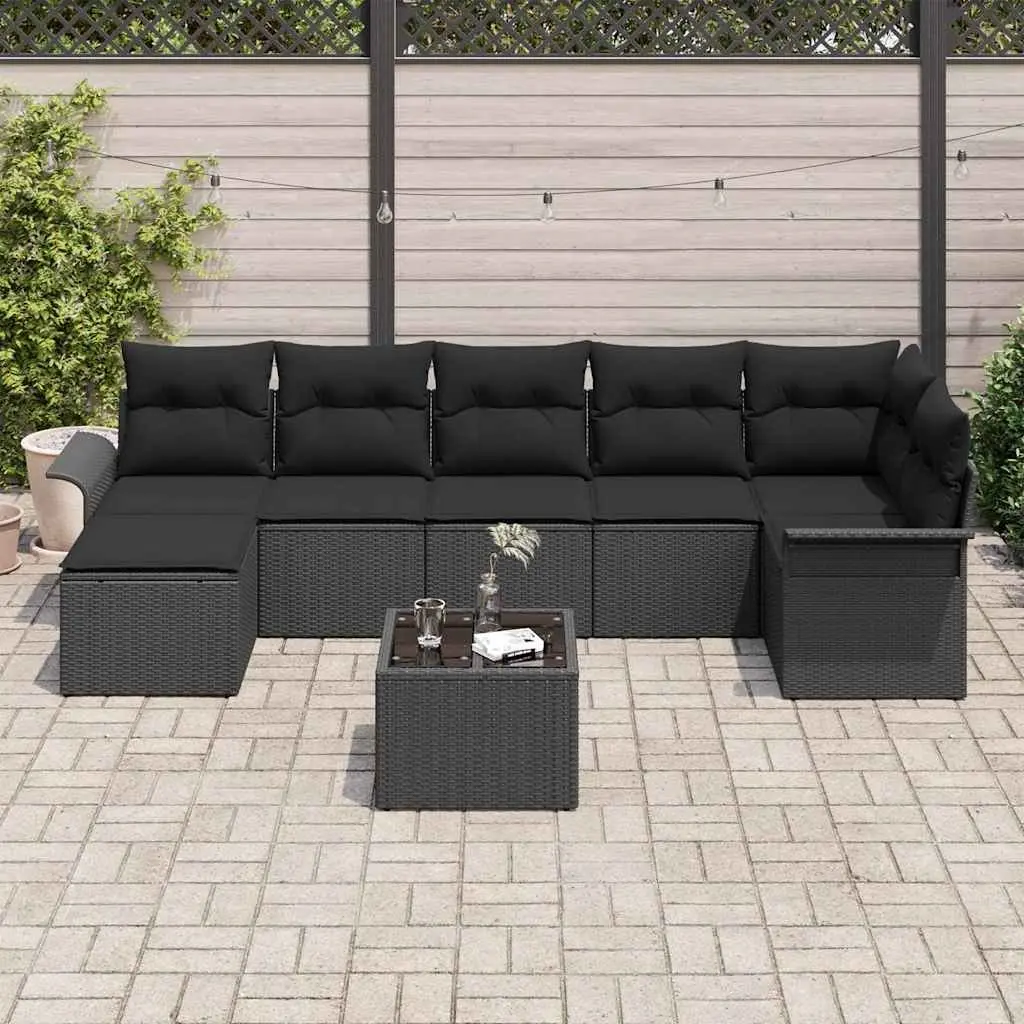 Garden Sofa Set 8 Pieces Outdoor Furniture Black Poly Rattan with Cushions