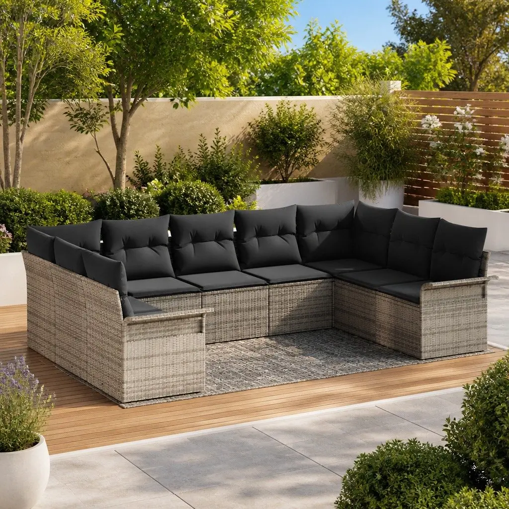 Garden Sofa Set Poly Rattan Grey with Cushion Tempered Glass Table
