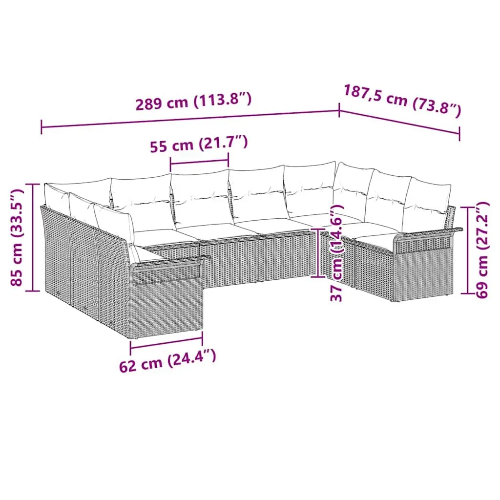 Garden Sofa Set Poly Rattan Grey with Cushion Tempered Glass Table