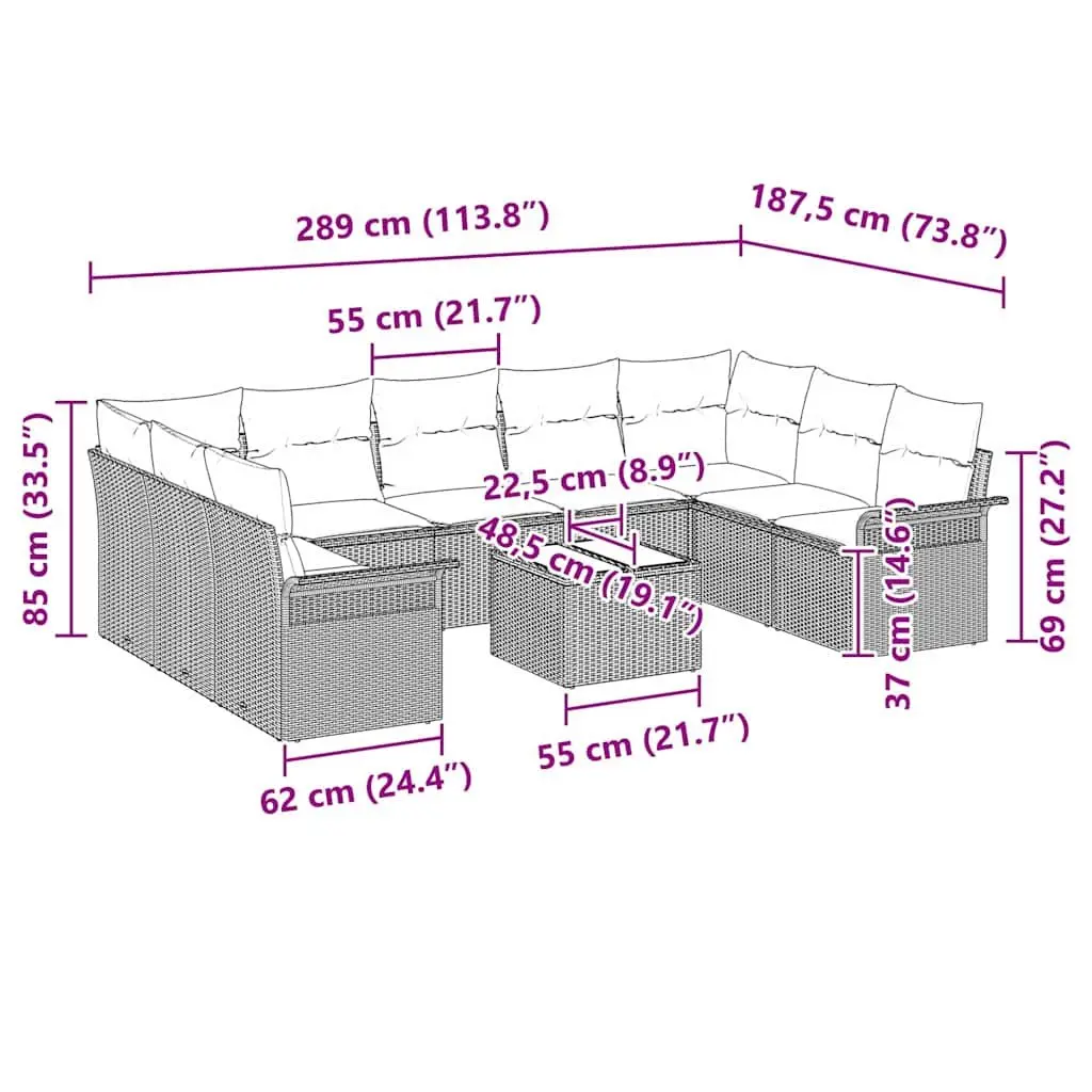 Outdoor Furniture Set Rectangular Black Woven Poly Rattan 10 Piece with Cushions