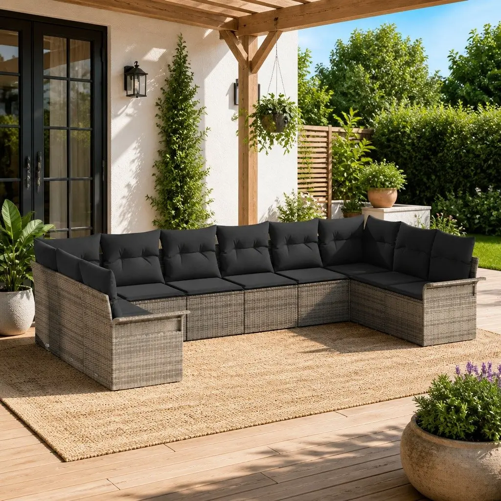 Outdoor Furniture Set Modular Grey Poly Rattan 10 Piece Garden Sofa with Adjustable Table and Removable Cushions