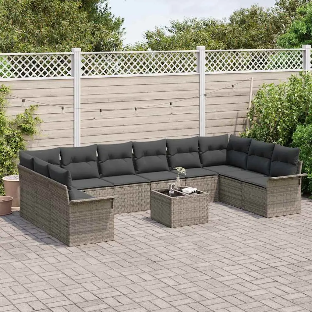 Garden Sofa Set Poly Rattan 11 Pieces Grey Modular Outdoor Furniture with Cushions
