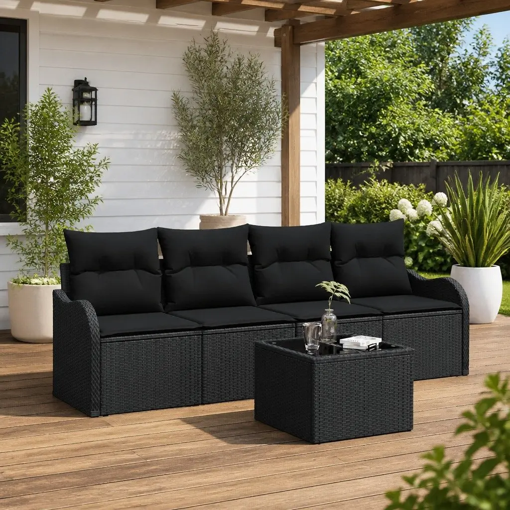 Garden Sofa Set Poly Rattan Modular Outdoor Furniture Black Seating with Tempered Glass Table