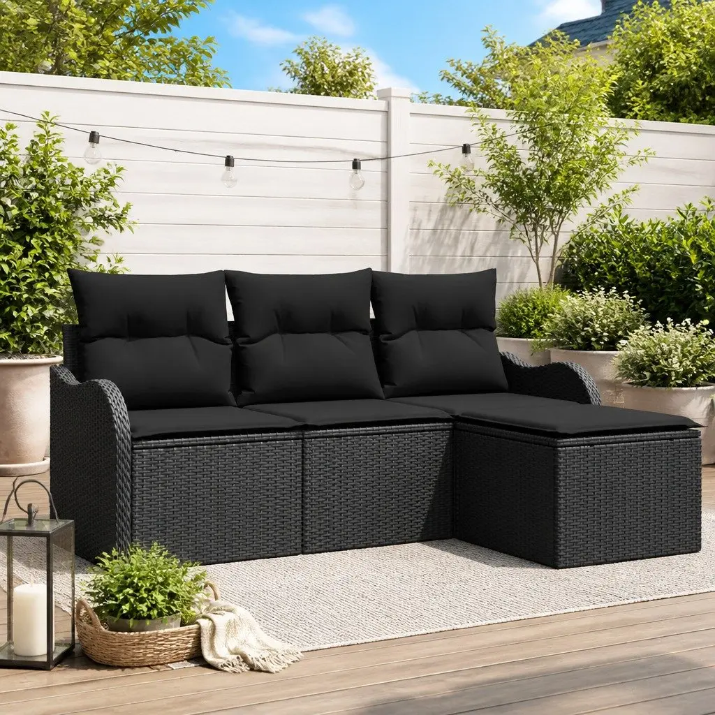 4PieceModularSofaSetBlackPolyRattanOutdoorFurnitureWithGlassTableGarden