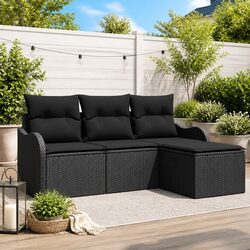 Modular Outdoor Sofa Set 4pc Garden Furniture Black Poly Rattan with Glass Table