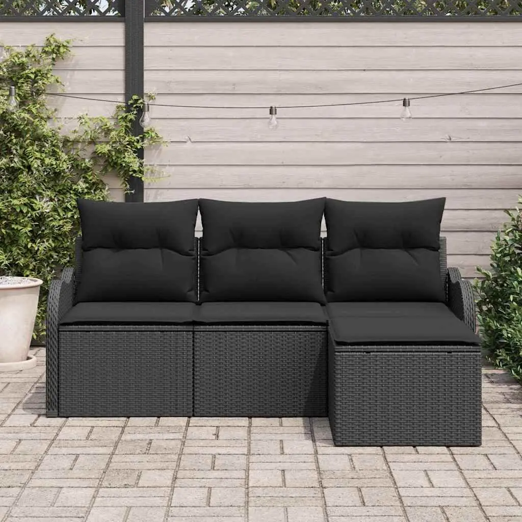 4PieceModularSofaSetBlackPolyRattanOutdoorFurnitureWithGlassTableGarden