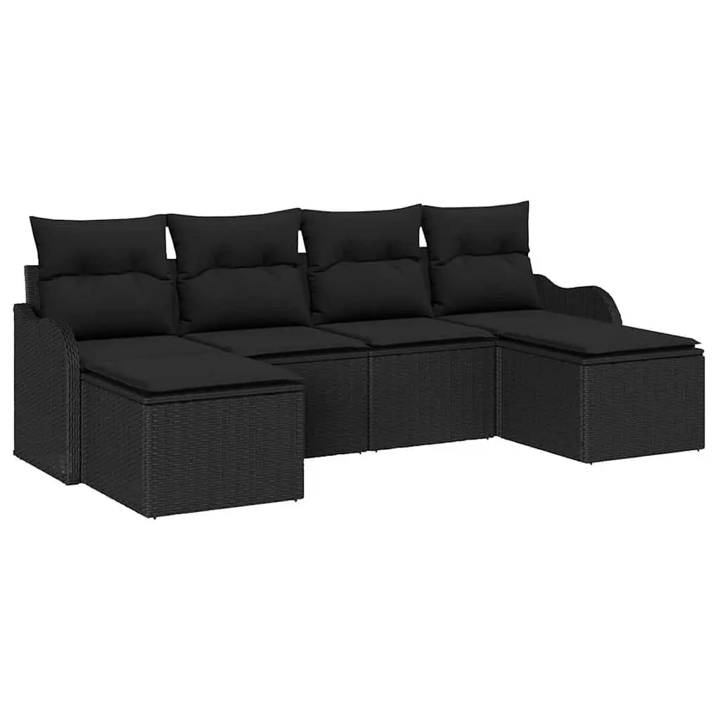 Modular Garden Sofa Set Black Poly Rattan Outdoor Furniture 6 Pieces with Cushions