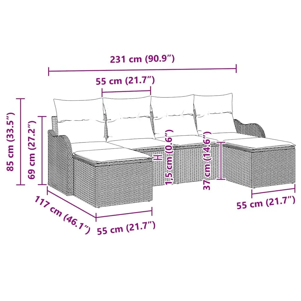 Modular Garden Sofa Set Black Poly Rattan Outdoor Furniture 6 Pieces with Cushions