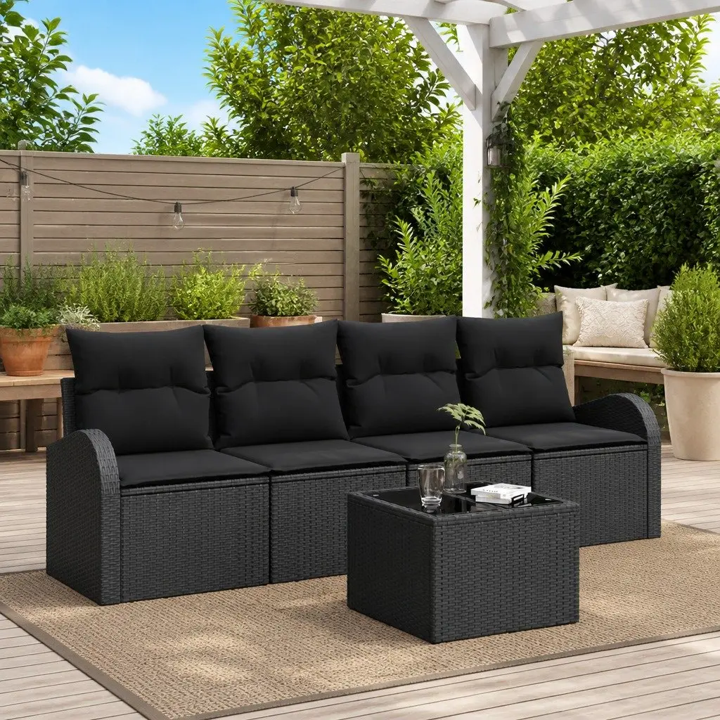 Outdoor Sofa Set Modular Poly Rattan Steel Frame Black with Cushions and Tempered Glass Table