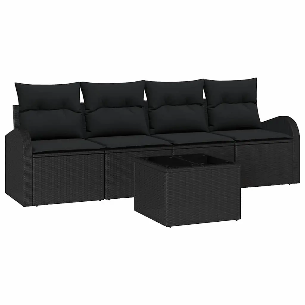 Outdoor Sofa Set Modular Poly Rattan Steel Frame Black with Cushions and Tempered Glass Table
