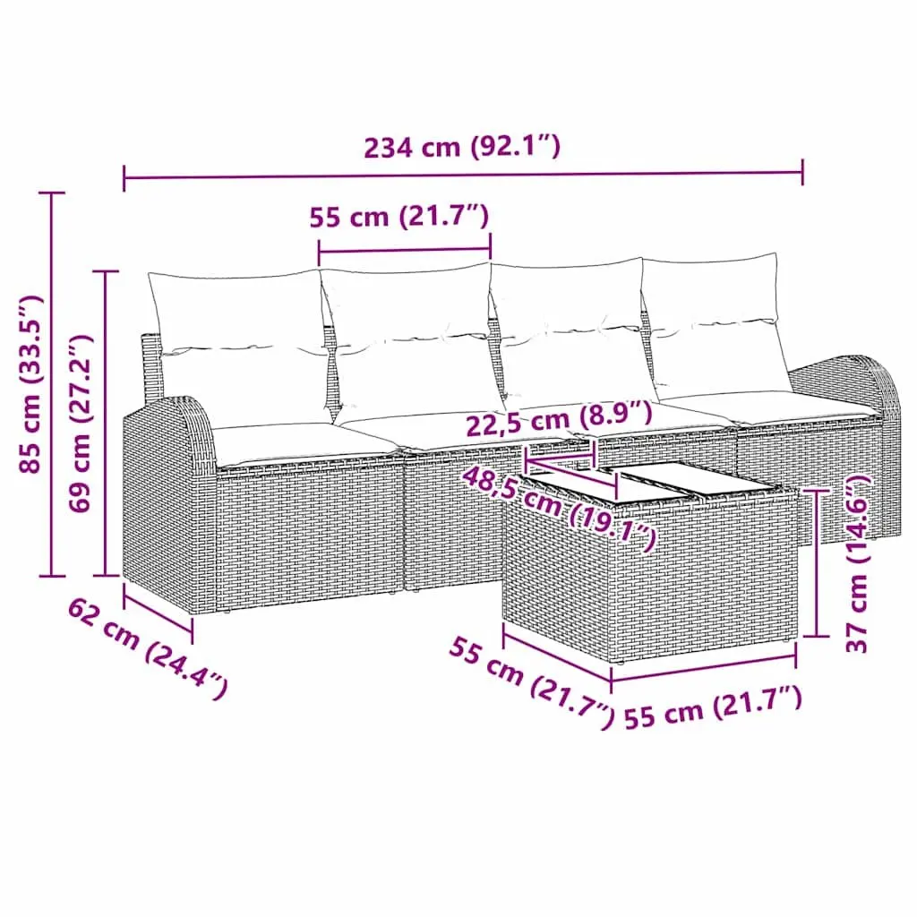 Outdoor Sofa Set Modular Poly Rattan Steel Frame Black with Cushions and Tempered Glass Table