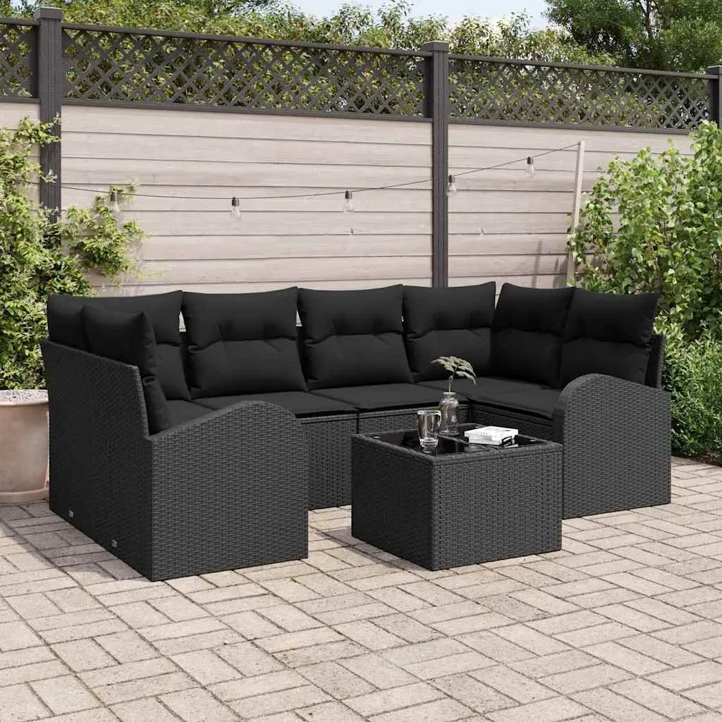 Modular Garden Sofa Set Black Poly Rattan Outdoor Seating with Tempered Glass Table
