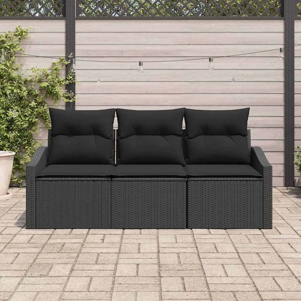 Outdoor Sofa Set 3 Piece Black Poly Rattan Garden Furniture with Cushions
