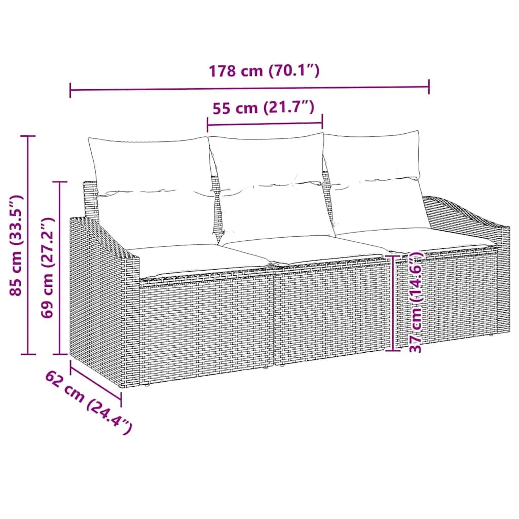Outdoor Sofa Set 3 Piece Black Poly Rattan Garden Furniture with Cushions