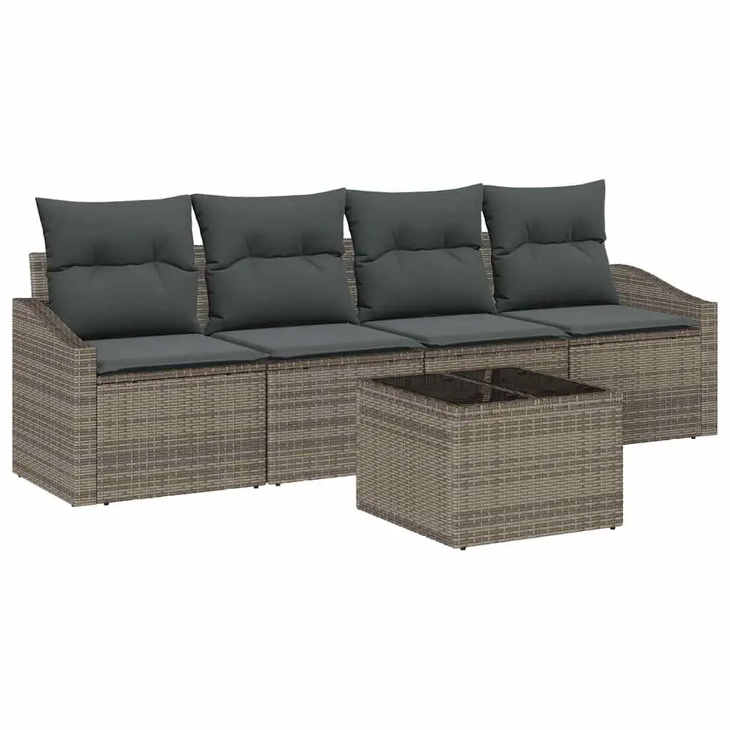 Outdoor Sofa Set Poly Rattan 5 Piece Grey with Cushions