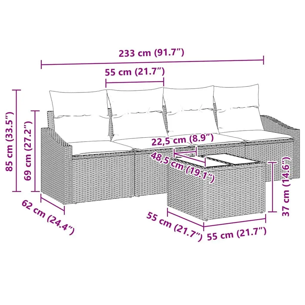 Outdoor Sofa Set Poly Rattan 5 Piece Grey with Cushions