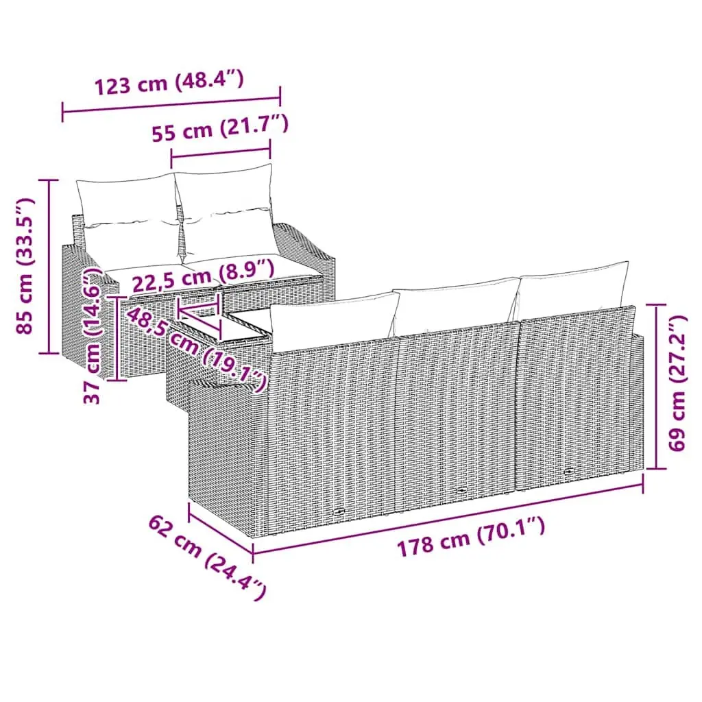 Outdoor Sofa Set Poly Rattan 6 Pieces Grey Modular Seating Garden Furniture