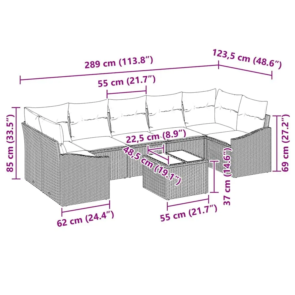 Outdoor Sofa Set Black Garden Furniture Poly Rattan with Glass Table Modular