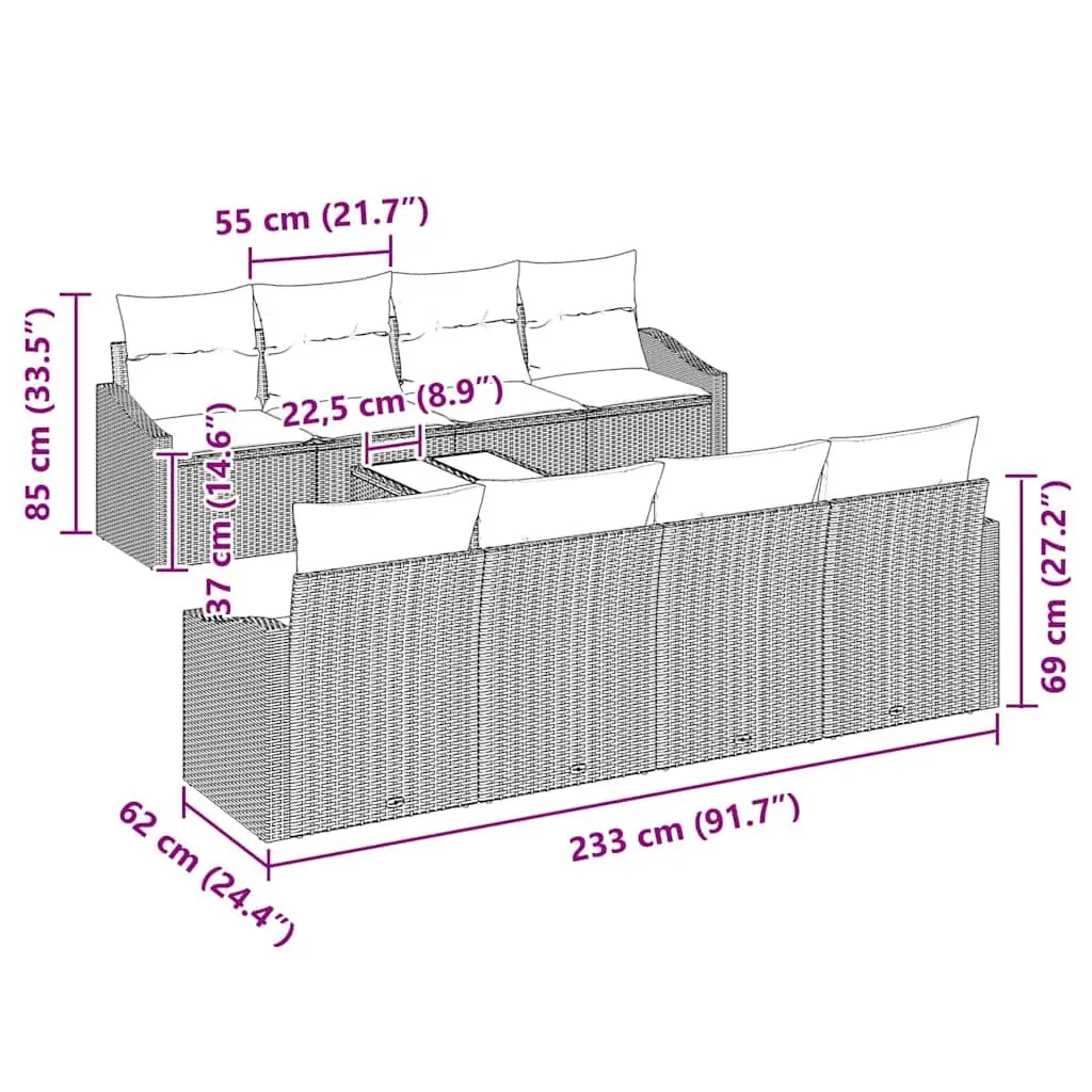 Outdoor Sofa Set Grey Poly Rattan Garden Furniture 9 Pieces with Cushions Table