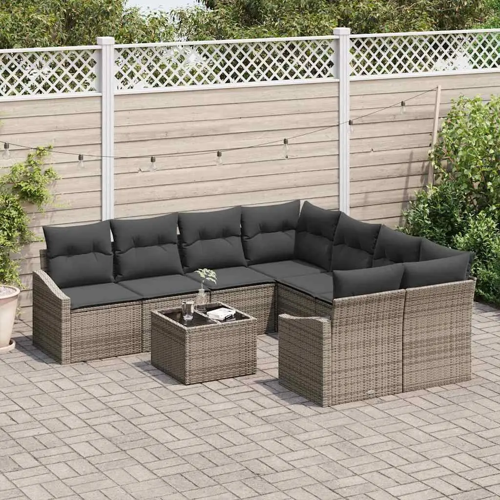 9 Piece Garden Furniture Sofa Set Grey Poly Rattan with Cushions and Adjustable Table Storage