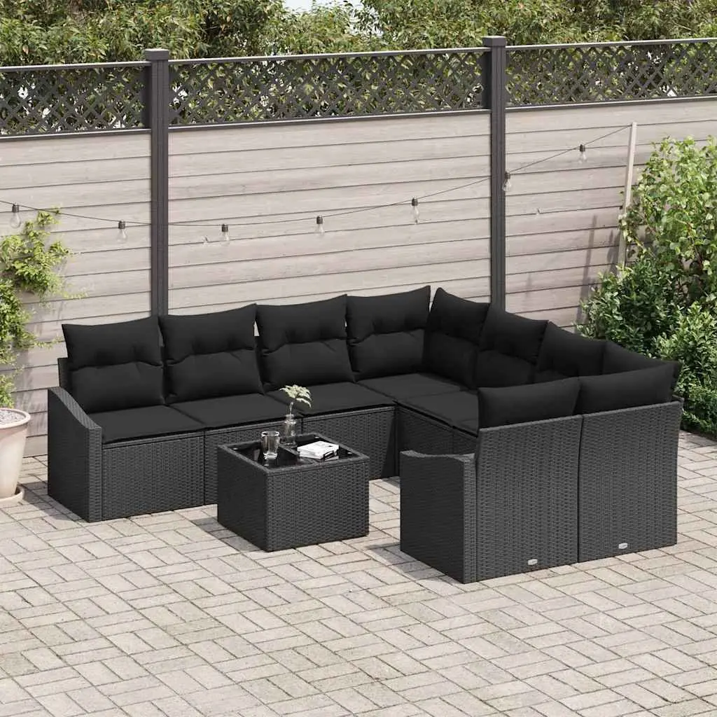 Outdoor Garden Sofa Set 9 pcs Black Poly Rattan Modular Seating Cushion