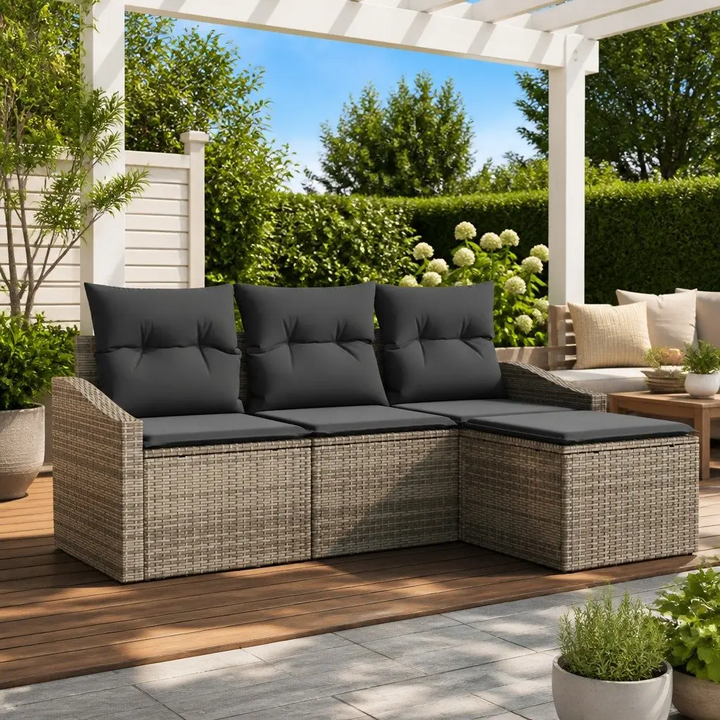 Outdoor Sofa Set Poly Rattan 4 Piece Grey Height Adjustable Table